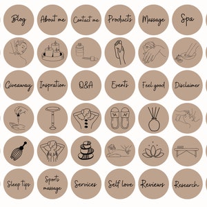 May include: A set of 36 brown circle icons with black outlines and text. The icons depict various spa and wellness related themes, such as cupping, massage, sleep tips, and relaxation.