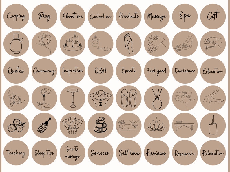 May include: A set of 36 brown circle icons with black outlines and text. The icons depict various spa and wellness related themes, such as cupping, massage, sleep tips, and relaxation.