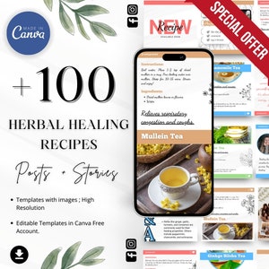 Ricette curative a base di erbe, Salute e benessere, Feed di ricette a base di erbe, Modelli CANVA modificabili, Ricette curative a base di erbe Modelli per social media