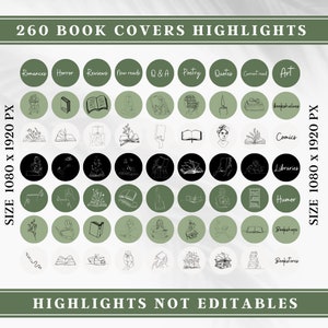 May include: A set of 260 green, black, and white circle icons featuring illustrations of books, flowers, and other book-related imagery. The icons are labeled with text such as "Romances", "Horror", "Reviews", "New reads", "Q&A", "Poetry", "Quotes", "Current read", "Art", "Bookshelves", "Comics", "Libraries", "Humor", "Bookshops", and "Bookstores". The text "SIZE 1080 x 1920 PX" appears twice on the image. The text "HIGHLIGHTS NOT EDITABLES" appears at the bottom of the image.