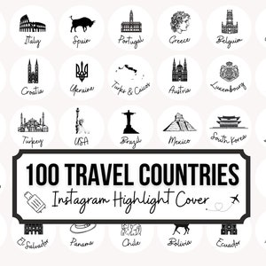 Capas de destaques do Instagram para viagens | 100 ilustrações de países negros em fundo branco para histórias do Instagram