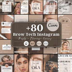 Könnte beinhalten: Eine Collage von Bildern, die Augenbrauenservices bewerben. Die Bilder zeigen Models mit wunderschön geformten Augenbrauen sowie Text, der "Brow Tech Instagram Posts + Stories + Covers", "+80", "Q&A", "Testimonial", "Client Review", "Special Offer", "New Arrival", "Giveaway", "Now Booking", "Made in Canva", "Tipps zur Pflege Ihrer Augenbrauen" und "Was ist der beste Weg, um Ihre Augenbrauen zu formen?" lautet.