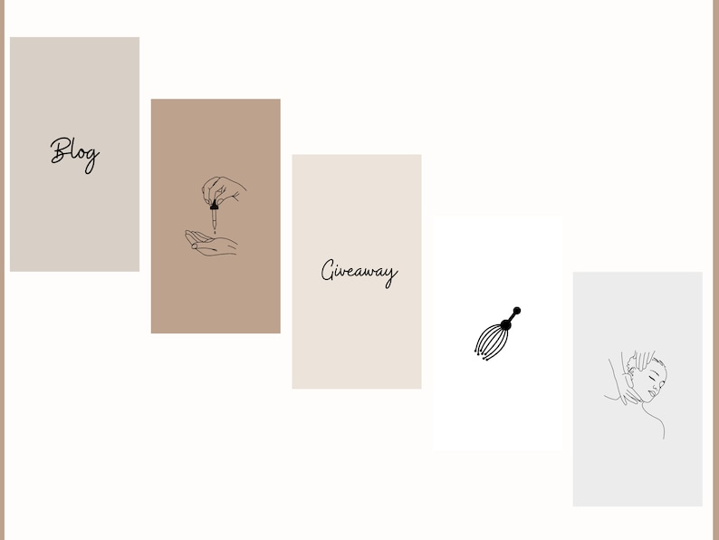 May include: Four beige and white square cards with black text and illustrations. The first card says "Blog". The second card shows a hand holding a dropper over another hand. The third card says "Giveaway". The fourth card shows a black illustration of a scalp massager and a line drawing of a person receiving a massage.