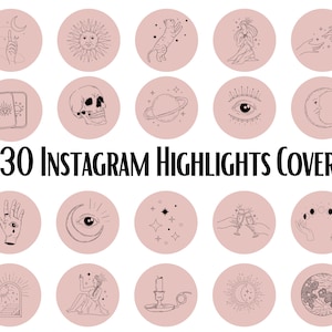 May include: Thirty Instagram highlight covers with a pink background and black line drawings of various celestial and mystical designs. The designs include a crescent moon, a sun, a cat, a woman, hands, a skull, a planet, an eye, a phone, a candle, a staircase, and a globe.
