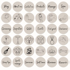 May include: A set of 36 Instagram story highlight covers with black line drawings on a light brown background. The covers feature various topics related to spa and wellness, such as cupping, massage, sleep tips, and relaxation.
