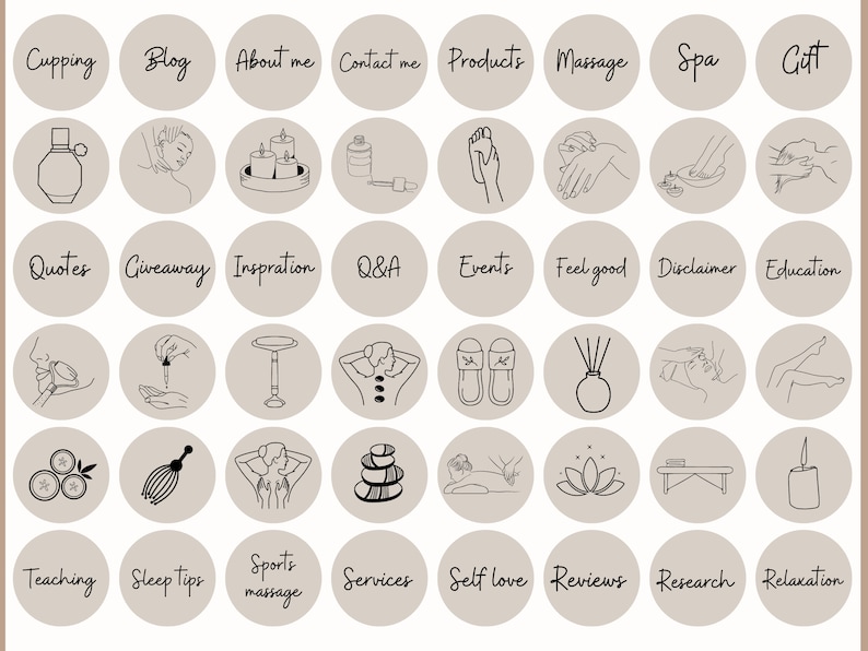 May include: A set of 36 Instagram story highlight covers with black line drawings on a light brown background. The covers feature various topics related to spa and wellness, such as cupping, massage, sleep tips, and relaxation.