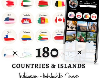 180 bandiere di paesi, copertine in evidenza di Instagram / icone di storie di viaggio (download digitale)