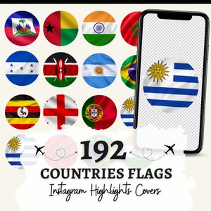 May include: A digital illustration of 192 country flags, each displayed in a circle on a white background. The flags are arranged in a grid pattern. The text "192 COUNTRIES FLAGS Instagram Highlights Covers" is displayed below the grid of flags.