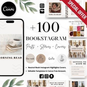 May include: A digital design for Instagram, featuring the text "+100 BOOKSTAGRAM Posts + Stories + Covers." The design includes templates for highlights, quotes, and reading lists. The design is made in Canva.