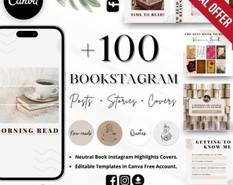 以下が含まれることがあります： 「+100 BOOKSTAGRAM Posts + Stories + Covers」のテキストが入った、Instagram用のデジタルデザイン。ハイライト、引用、読書リスト用のテンプレートが含まれています。デザインはCanvaで作られています。