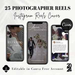 May include: A set of three Instagram Reels covers for photographers. The first cover features a couple in a home setting with the text "In Home Photography". The second cover features a schedule with the text "Available Appointments". The third cover features a client testimonial with the text "Client Testimonial".