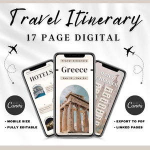 Modelo móvel de itinerário de viagem na Grécia. Planejador de viagem digital editável, guia de viagem digital, itinerário de viagem de fim de semana, planejador de agente de viagens