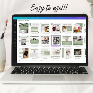 May include: A laptop screen displaying a Canva design template for Instagram posts about books. The template includes various layouts for book reviews, recommendations, and other book-related content. The design features a green and white color scheme with a floral pattern.