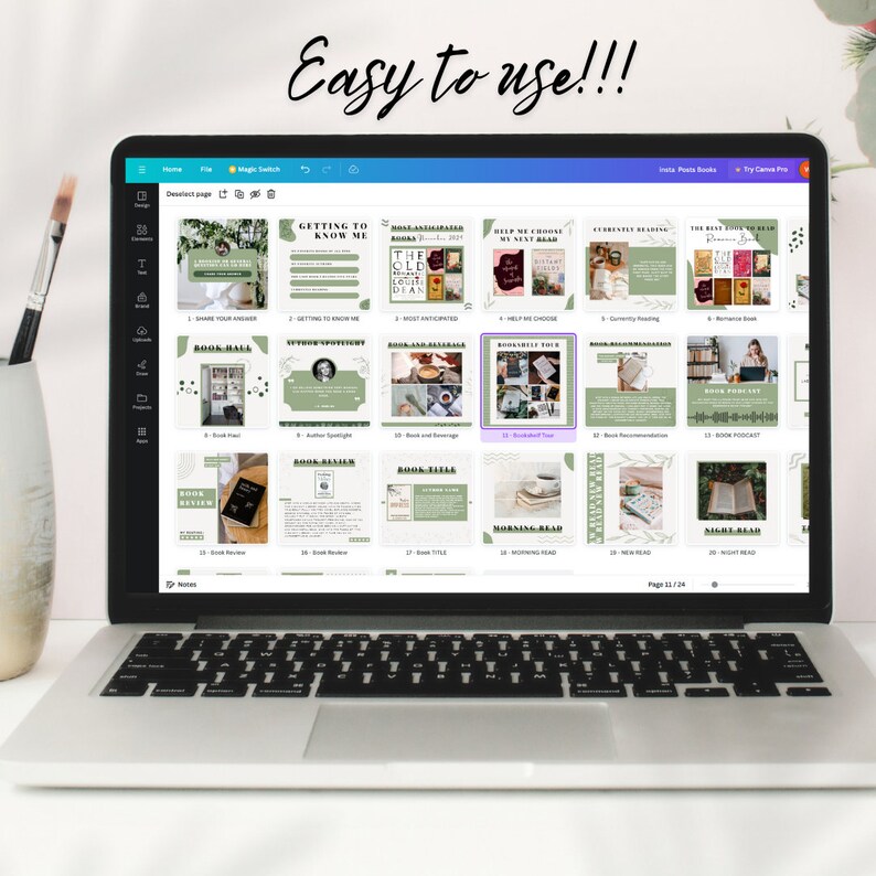 May include: A laptop screen displaying a Canva design template for Instagram posts about books. The template includes various layouts for book reviews, recommendations, and other book-related content. The design features a green and white color scheme with a floral pattern.