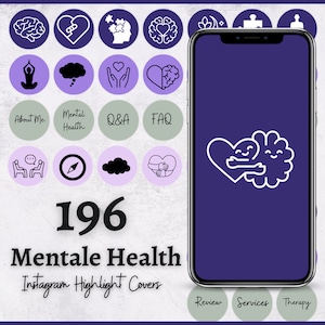 May include: A set of 196 Instagram highlight covers for mental health. The covers feature various icons and illustrations related to mental health, such as a brain, a heart, a cloud, and a compass. The covers are in a purple and white color scheme. The text "Mentale Health" and "Instagram Highlight Covers" is also included.