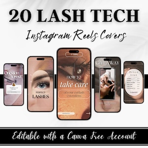 May include: A set of 20 Instagram reel covers for lash technicians. The covers feature images of eyelashes, a lash artist working on a client, and text that says "Question & Answer", "Perfect Lashes", "How to take care of your eyelash extensions", "Giveaway", and "Price List".