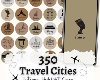 70 portadas destacadas de Instagram de ciudades viajeras / Iconos en tonos tierra (descarga digital)