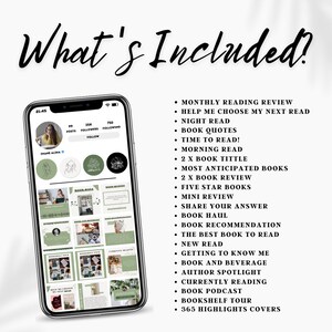 May include: A screenshot of a phone displaying a social media profile with a grid of images. The images are related to book reviews, recommendations, and reading lists. The text "What's Included!" is displayed at the top of the image.