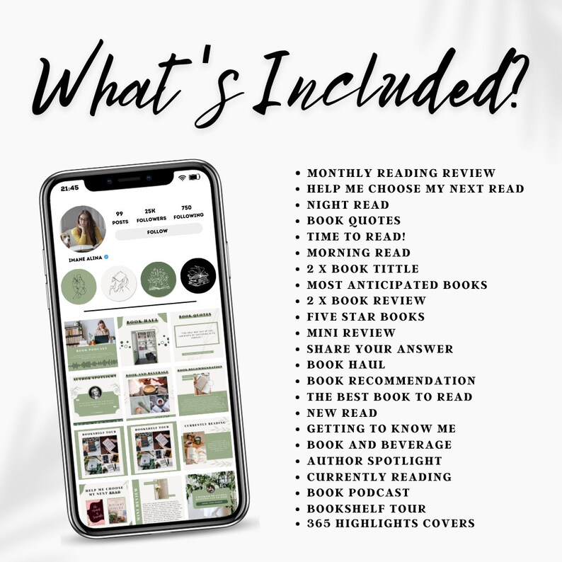May include: A screenshot of a phone displaying a social media profile with a grid of images. The images are related to book reviews, recommendations, and reading lists. The text "What's Included!" is displayed at the top of the image.