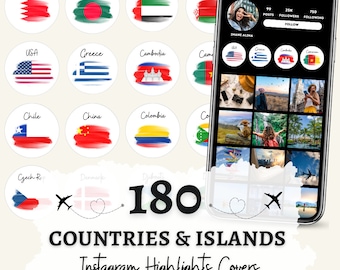 180 bandiere di viaggio Instagram Highlight Covers / Icone di paesi (download digitale)
