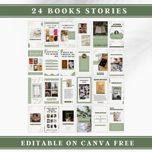 May include: A set of 24 Instagram story templates for book lovers. The templates feature a green and white color scheme with illustrations of books, leaves, and coffee cups. The text on the templates includes phrases like "Morning Read", "Five-Star Books", "Currently Reading", "Book Podcast", "Getting to Know Me", "Help Me Choose My Next Read", "Book Review", "Bookshelf Tour", "Book Hall", "The Best Book to Read", "Night Read", "Book Quotes", and "Book Recommendations".