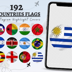 Może przedstawiać: Makieta ekranu smartfona wyświetlająca okrągłą ikonę z flagą Urugwaju. Ikona jest otoczona przez przezroczyste tło. Tekst "192 COUNTRIES FLAGS Instagram Highlight Covers" jest wyświetlany nad telefonem.