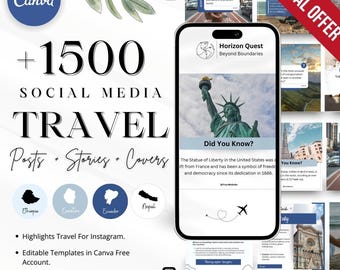 Plantillas de viajes azules para redes sociales / Publicaciones e historias de Instagram (descarga digital)