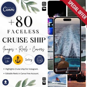 Pode incluir: Um gráfico de marketing digital com o texto "+80 Imagens & Reels & Capas de cruzeiros sem rosto" e quatro ícones que representam a vida em um cruzeiro, uma âncora, a navegação e a bagagem. O gráfico também inclui uma colagem de imagens de cruzeiros e o texto "Oferta especial".