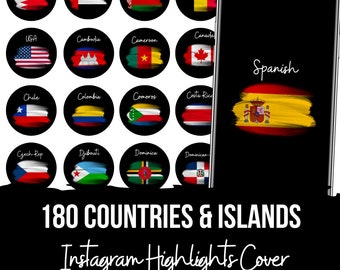 Instagram Travel Highlight Cover | 180 Länder und Inseln Flaggen auf einem schwarzen Hintergrund für Instagram Stories