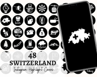 Copertine delle storie Instagram in evidenza della Svizzera / Città e monumenti svizzeri / Mappe di viaggio con sfondo nero / Download digitale