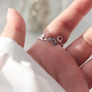 May include: A silver ring with a unique, abstract design. The ring is open and adjustable to fit different finger sizes.