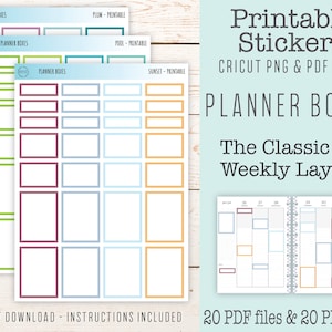 May include: Printable planner box stickers in four colors: plum, pool, sunset, and green. The stickers are designed for the classic HP weekly layout. The image shows 20 PDF files and 20 PNG files.