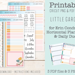 May include: Printable planner stickers and inserts in a Little Garden theme. Includes PDF and PNG files for Erin Condren Horizontal Planning and Daily Duo. Features floral designs, calendar elements, and the text "Printable Cricut PNG & PDF Files".