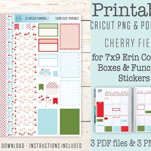 May include: Printable stickers for Erin Condren planners featuring a cherry theme. The stickers include boxes, flags, and patterns in red, green, and blue. The image also shows a sample planner page with the stickers applied.