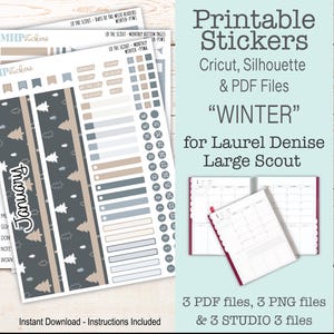 May include: Printable stickers for planners, featuring a winter theme. The stickers include calendar elements, decorative strips, and tree designs in shades of gray, beige, and white. The text on the stickers says "January". The image also includes a planner.