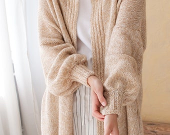 Cardigan long en laine, veste tricotée, cardigan Mohair, pull en laine, cardigan fait main