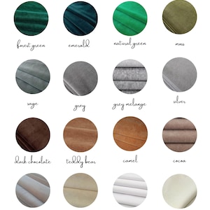 May include: A colour palette for velvet scrunchies, showcasing a range of shades. The palette includes forest green, emerald, natural green, moss, sage, grey, grey melange, silver, dark chocolate, teddy bear, camel, cocoa, nude, vanilla, white, and ecru.
