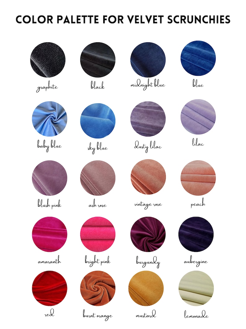 May include: A colour palette for velvet scrunchies, showcasing a range of colours. The image presents fabric swatches in shades such as graphite, black, midnight blue, and blue. Other colours include baby blue, sky blue, dusty lilac, and lilac.