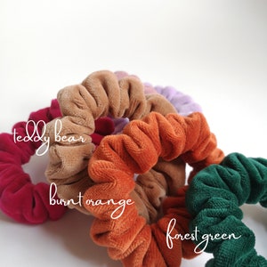 Pu&ograve; includere: Quattro scrunchies in velluto di diversi colori: orsacchiotto, arancione bruciato, verde bosco e lavanda.