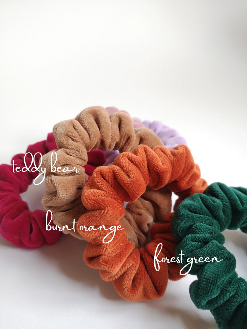 Pu&ograve; includere: Quattro scrunchies in velluto di diversi colori: orsacchiotto, arancione bruciato, verde bosco e lavanda.
