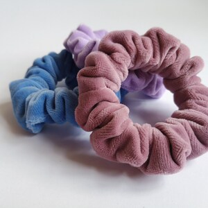 Pu&ograve; includere: Tre scrunchies in velluto in tonalit&agrave; di viola, blu e rosa. Gli scrunchies sono realizzati in un tessuto morbido e peluche e sono perfetti per tenere i capelli in posizione.