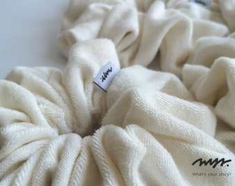 Bamboo terry towel scrunchies in cream color, French terry scrunchies, Large scrunchies, Soft hair ties