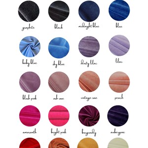 Pu&ograve; includere: Palette di colori per scrunchies di velluto in 16 colori: grafite, nero, blu notte, blu, azzurro, celeste, lilla polvere, lilla, rosa cipria, rosa cenere, rosa vintage, pesca, amaranto, rosa acceso, bordeaux, melanzana, rosso, arancione bruciato, senape e limonata.