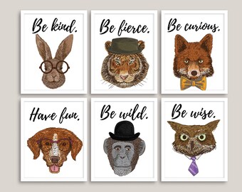 Hipster Animal Prints, Set van 6, wanddecor, kinderkamer kunst