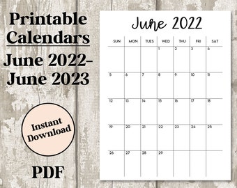 Maandkalenders juni 2022-juni 2023 | PORTRET | 8,5x11 | Jan - Dec | Afdrukbare download