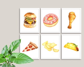 Set van 8, Fast Food Aquarel Prints, Afdrukbare kunst aan de muur voor uw keuken, eetkamer of woonruimte, Instant Download