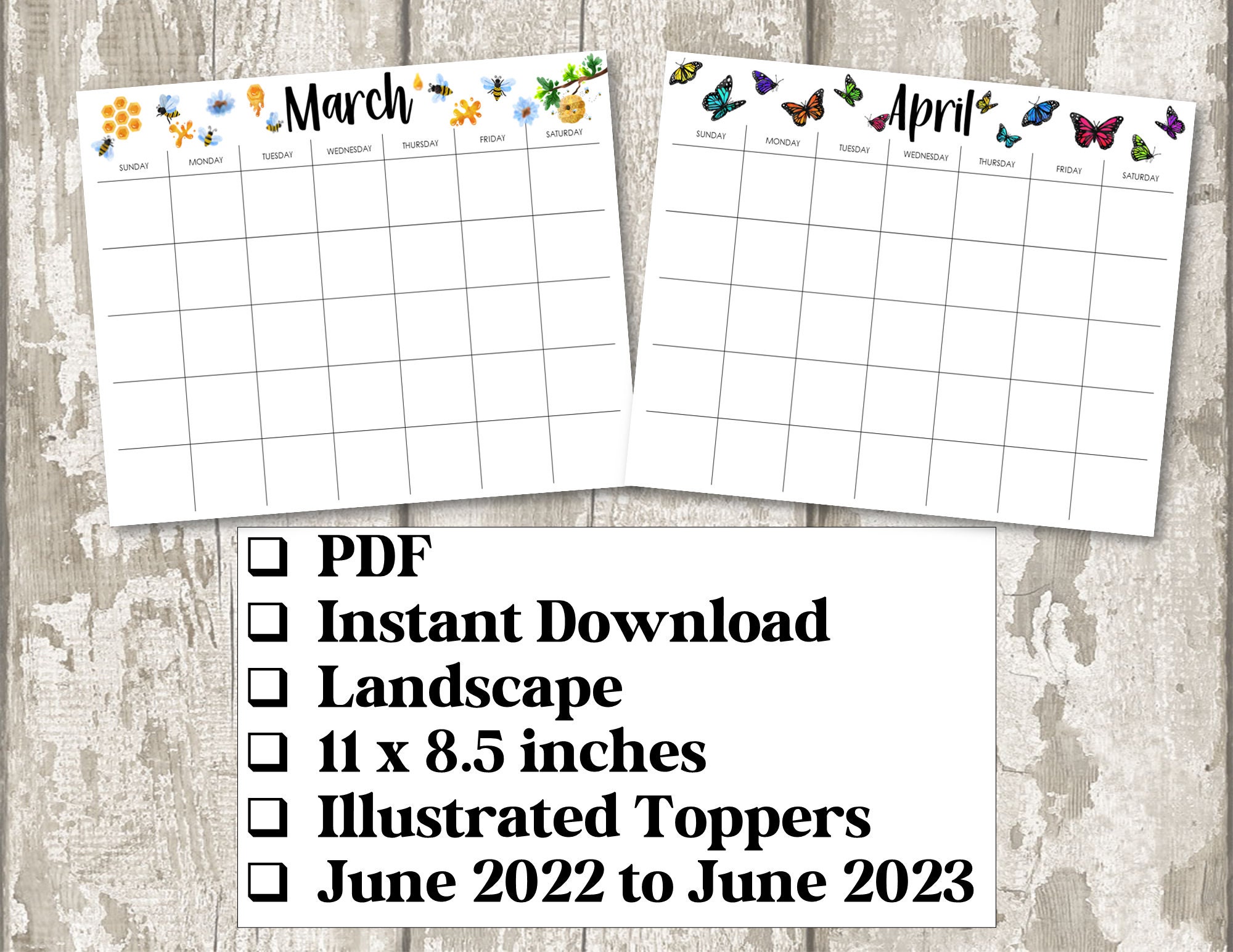 PRINTABLE BLANK Landscape Monthly Calendar, Kids Theme Calendar ...