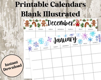 Calendario mensual de paisaje en blanco imprimible, calendario temático para niños, calendario mensual sin fecha, planificador imprimible, calendario lindo