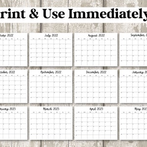Puede incluir: Un calendario imprimible con fondo blanco, que presenta los meses de junio de 2022 a mayo de 2023. Cada mes se muestra en un cuadrado separado con un dise&ntilde;o de cuadr&iacute;cula. El texto "Print & Use Immediately!" est&aacute; en la parte superior.