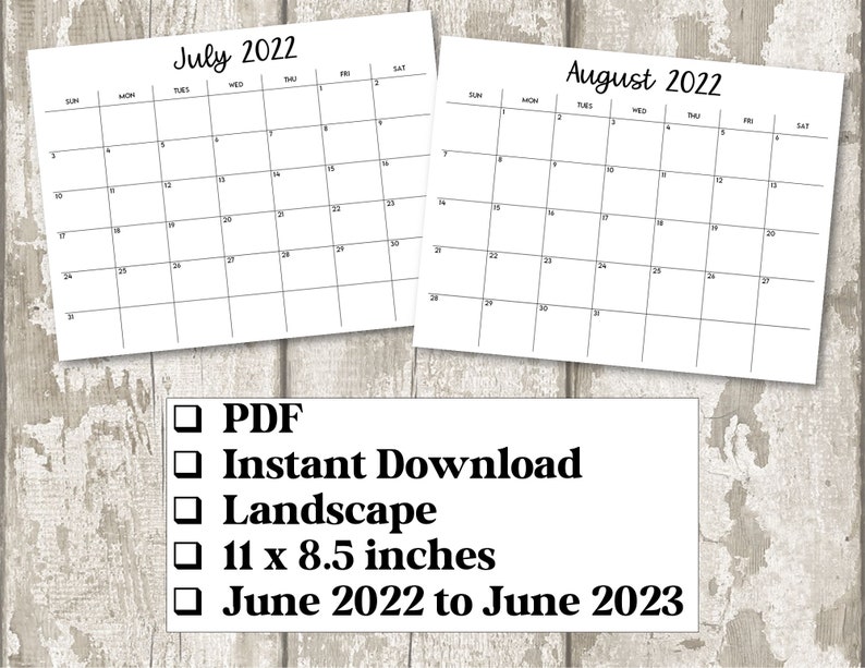 Puede incluir: Dos calendarios blancos para julio y agosto de 2022, con un dise&ntilde;o de cuadr&iacute;cula. Los calendarios miden 27,9 x 21,6 cm. Debajo de los calendarios hay un cuadro blanco con texto: PDF, Descarga instant&aacute;nea, Horizontal, 27,9 x 21,6 cm y junio de 2022 a junio de 2023.